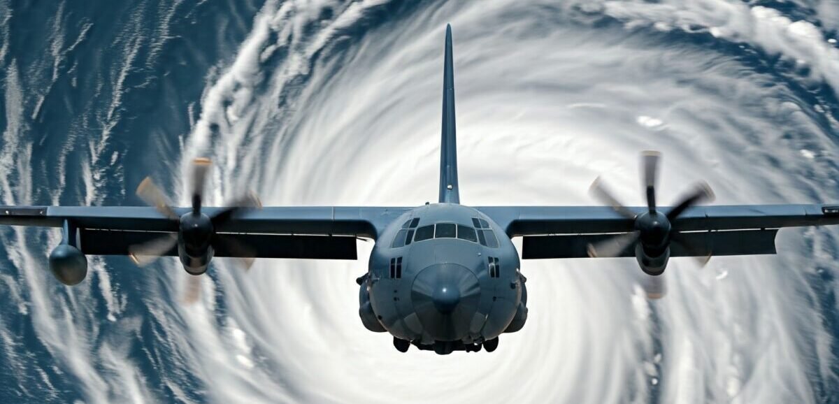 Gemini AI Generated image of Hurricane Hunter plane and hurricane